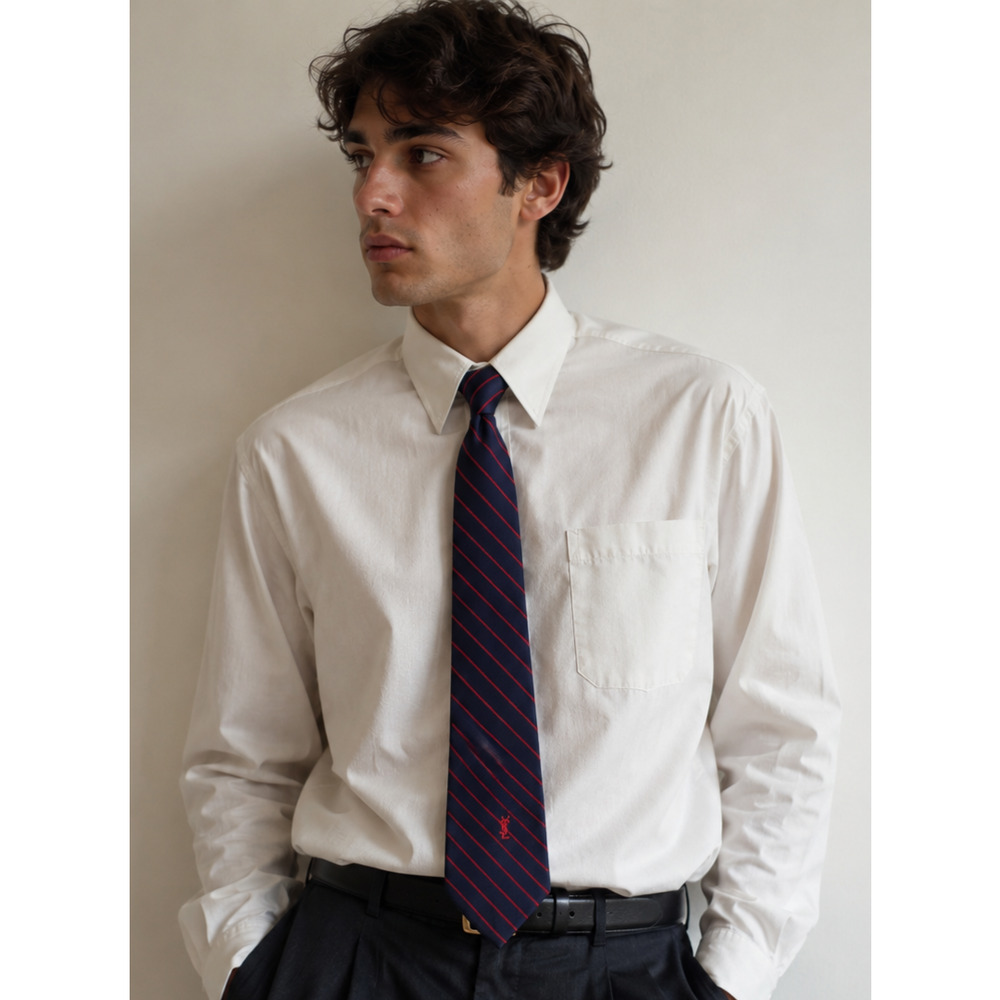 Vintage Yves Saint Laurent Navy Red Striped Tie YSL Logo